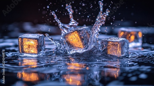 Realistic Ice Cubes and Water Splash Design for Kitchen Background photo