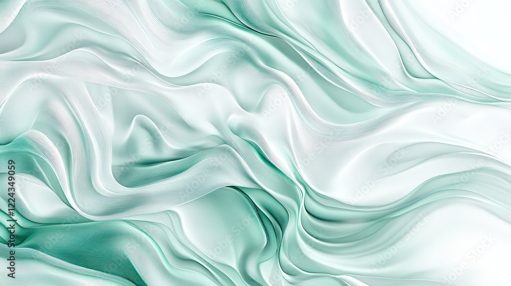 A piece of fabric with a green and white pattern. The fabric is flowing and has a sense of movement. A piece of fabric with a green and white pattern. The fabric is flowing and has a sense of movement.