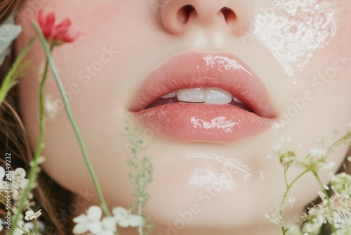 GardenCore Beauty Glossy Pink Lips Amid Wildflowers and Lace - Rustic Charm for Fashion Editorials and Natural Cosmetic Branding photo