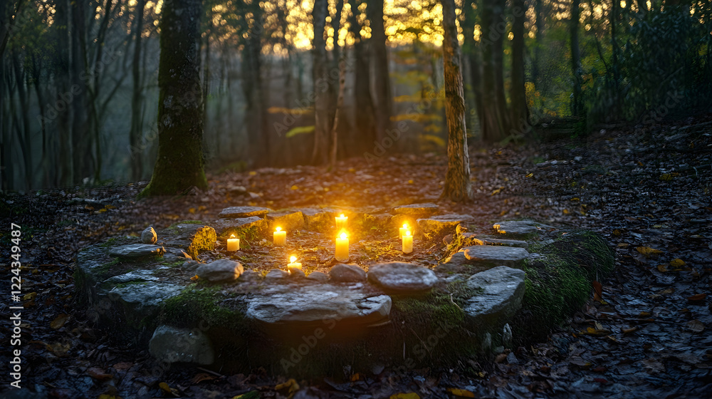 Mystical Candlelit Stone Circle in Autumn Forest at Dusk Surrounded by Trees : Generative AI Mystical Candlelit Stone Circle in Autumn Forest at Dusk Surrounded by Trees : Generative AI