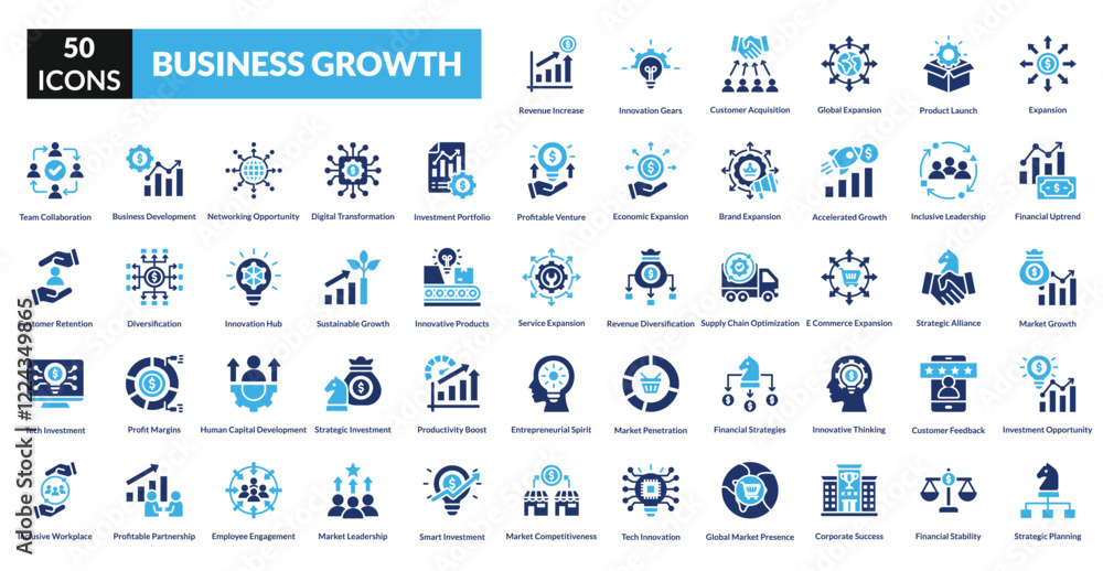 business growth fill icon set collection. Expansion, Financial Uptrend, Market Growth, Investment Opportunity, Strategic Planning, Revenue Increase, customer Acquisition, Product launch business growth fill icon set collection. Expansion, Financial Uptrend, Market Growth, Investment Opportunity, Strategic Planning, Revenue Increase, customer Acquisition, Product launch