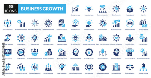 business growth fill icon set collection. Expansion, Financial Uptrend, Market Growth, Investment Opportunity, Strategic Planning, Revenue Increase, customer Acquisition, Product launch