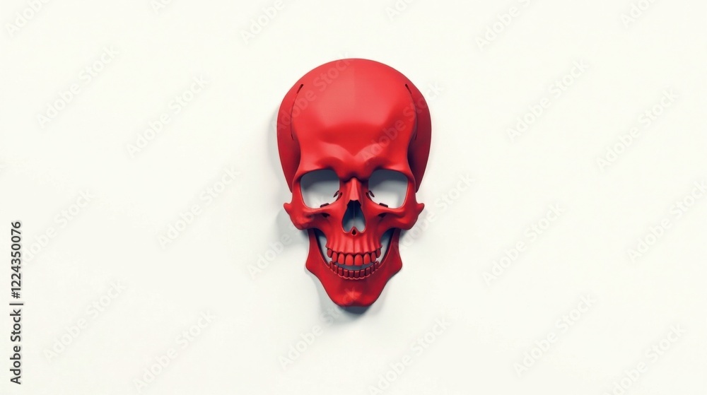 Fototapeta premium A vibrant red skull, rendered in striking detail, is presented against a stark white backdrop, a captivating visual study in contrast and form.