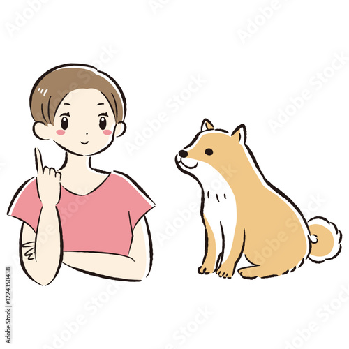 おすわり（待て）をする犬と飼い主のイラスト