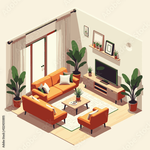 living room isometric vector flat minimalistic isolated illustration 12