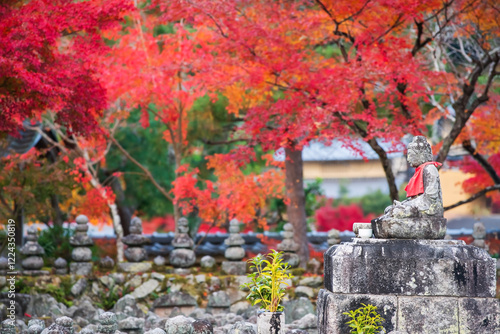 Buddha statue with red maple leaves,Adashino temple, Arashiyama photo