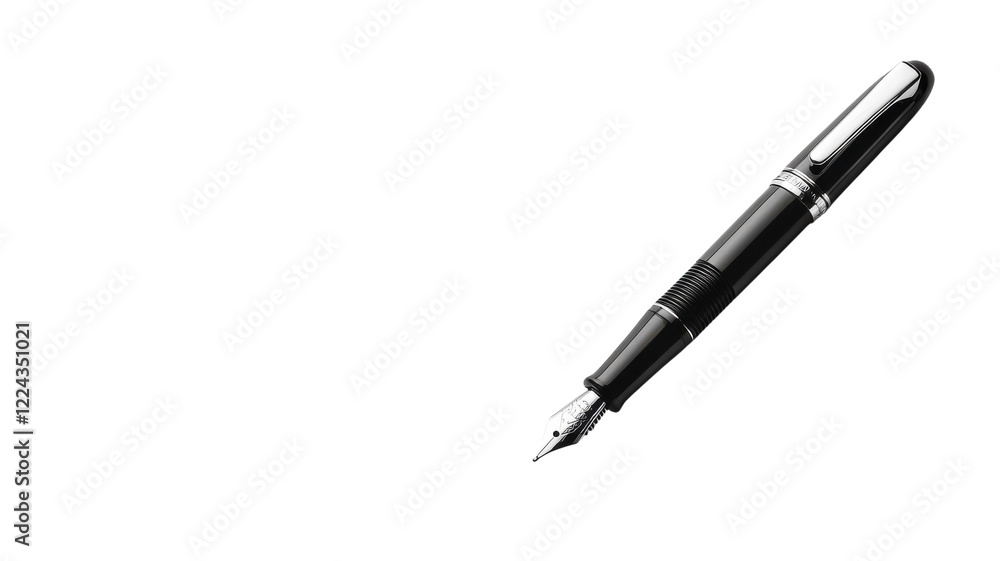 Elegant fountain pen poised for writing in minimalist style with stark white background Elegant fountain pen poised for writing in minimalist style with stark white background