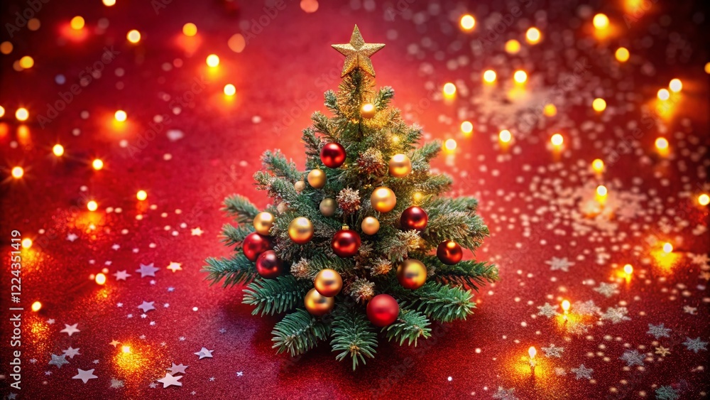 Aerial Christmas Tree Drone Shot: Sparkling Bokeh Lights on Red Canvas Background Aerial Christmas Tree Drone Shot: Sparkling Bokeh Lights on Red Canvas Background