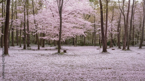 Sakura trees in full bloom at Kawageta, Fukushima, Japan, petals covering the landscape.