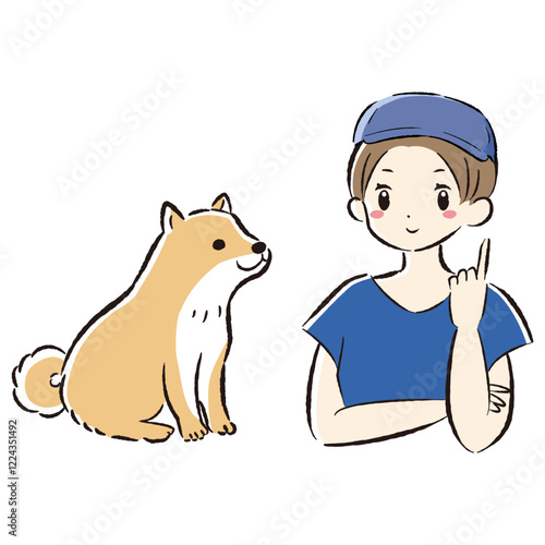 おすわり（待て）をする犬とドッグトレーナーのイラスト