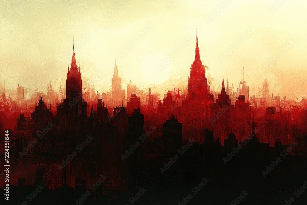 Fototapeta premium A moody silhouette of a city skyline at dusk, featuring dark structures and striking red hues blending into a soft background.