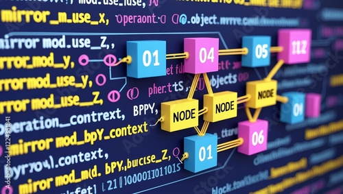 colorful and dynamic representation of computer code and data flow diagrams