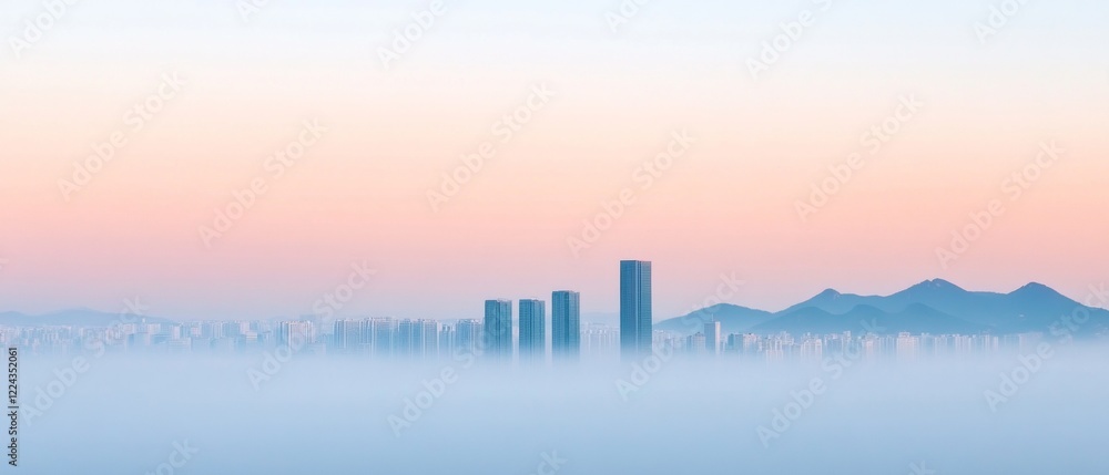 Fototapeta premium Fog-Covered Skyline in Seoul at Dawn Serene Architectural Silhouettes in Modern Urbanism for Marketing, Real Estate, and Strategic Urban Development Insights