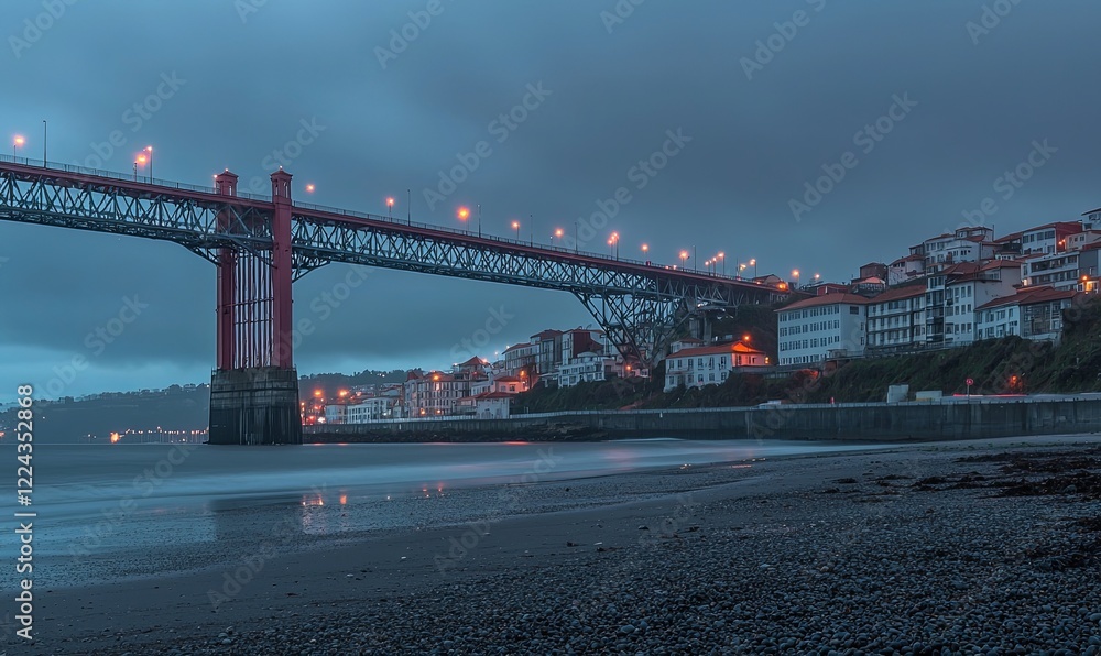 Red bridge over calm water at dusk, coastal town in background, ideal for travel or architecture projects Red bridge over calm water at dusk, coastal town in background, ideal for travel or architecture projects