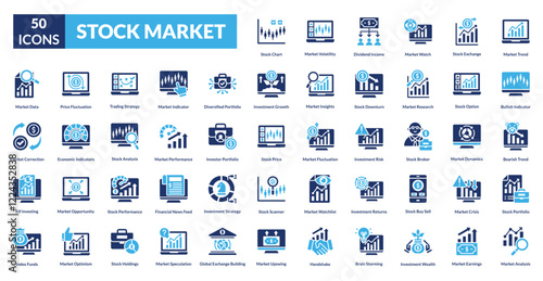 stock market fill icon set collection. Market Trend, Bullish Indicator, Bearish Trend, Stock Portfolio, Market Analysis, Stock Chart, Market Volatility, Dividend, Income, Market Watch, Stock Exchange