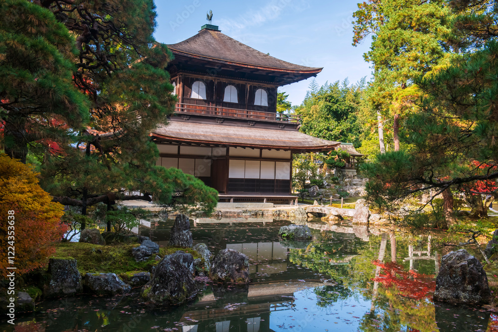 Ginkakuji temple with beautiful autumn garden and blue sky, Kyoto Ginkakuji temple with beautiful autumn garden and blue sky, Kyoto