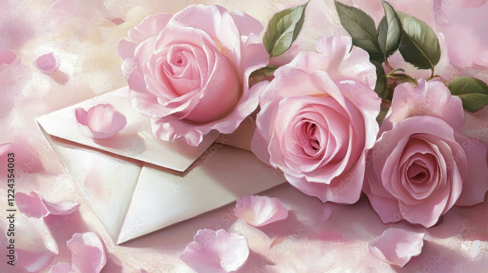 Soft pink roses with an elegant envelope and scattered petals on a pastel pink background. Soft pink roses with an elegant envelope and scattered petals on a pastel pink background.