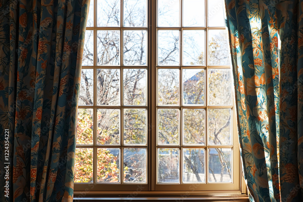 Bright sunlight streaming through a floral-curtained window, revealing autumn trees outside Bright sunlight streaming through a floral-curtained window, revealing autumn trees outside