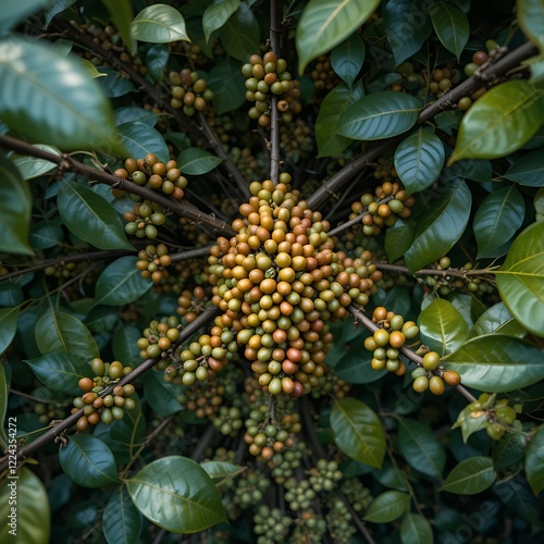 Close up detailed view of the many coffee cherries growing on a tree branch with leaves photo