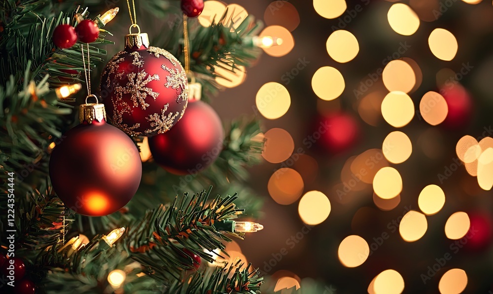 Red ornaments and lights decorate a Christmas tree with a bokeh background, perfect for holiday greetings Red ornaments and lights decorate a Christmas tree with a bokeh background, perfect for holiday greetings
