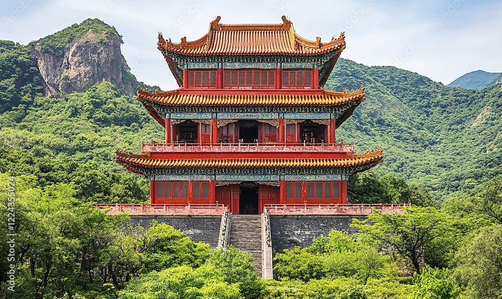 Red temple in mountains, lush greenery, serene landscape, ideal for travel or cultural projects Red temple in mountains, lush greenery, serene landscape, ideal for travel or cultural projects