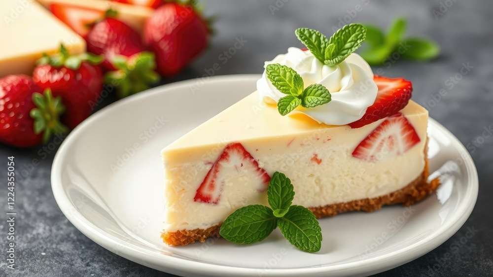 Beautifully arranged slice of homemade cheesecake with fresh strawberry slices and whipped cream, garnished with mint leaves, food, decorative, strawberries Beautifully arranged slice of homemade cheesecake with fresh strawberry slices and whipped cream, garnished with mint leaves, food, decorative, strawberries