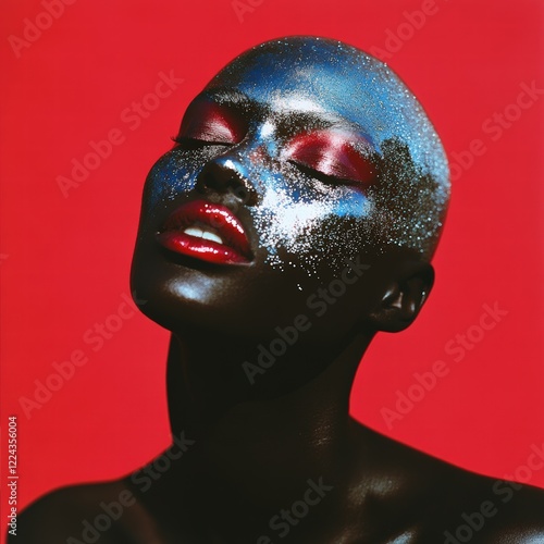 A striking artistic portrait featuring a model with shimmering face paint against a vibrant red backdrop, radiating creativity. photo