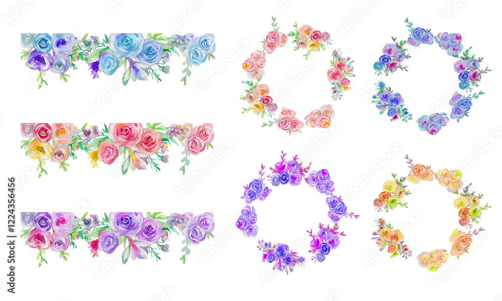 花の帯とフレームの水彩イラスト