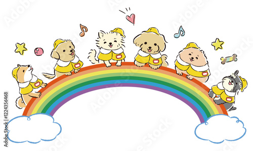 笑う犬たちとカラフルな虹のイメージイラスト（しつけ教室、犬の幼稚園、ドッグスクールなど）