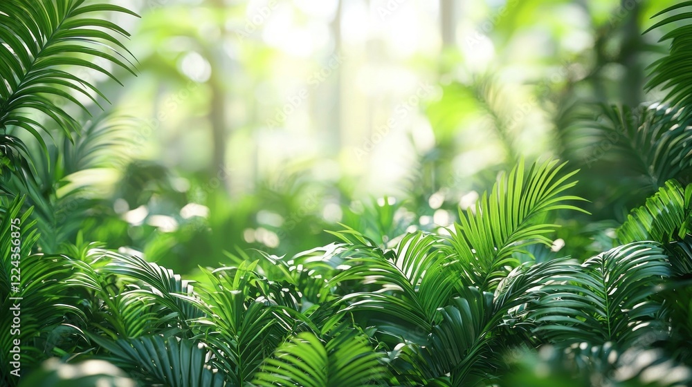 Fototapeta premium Lush Green Leaves in Tropical Forest Backdrop with Soft Light