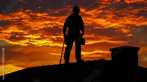 Silhouette of a Worker on a Rooftop at Sunset photo