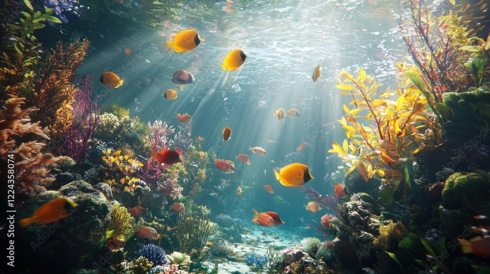 Naklejka premium Vibrant Underwater Coral Reef Paradise: Sunbeams Illuminate a Thriving Ecosystem