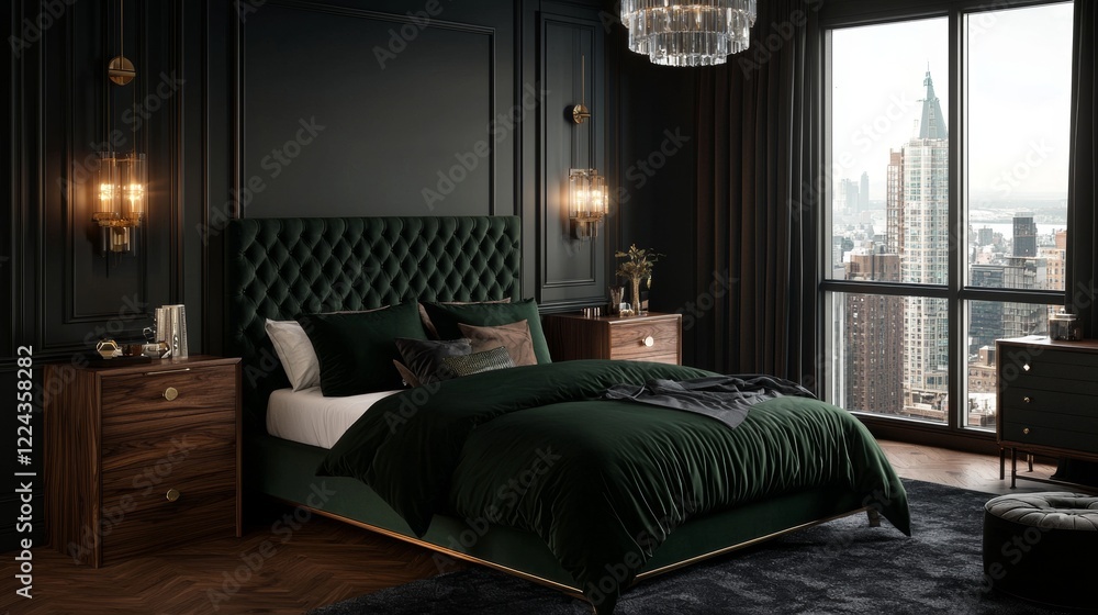 Luxurious modern bedroom with city skyline view at night featuring dark decor and stylish furnishings Luxurious modern bedroom with city skyline view at night featuring dark decor and stylish furnishings