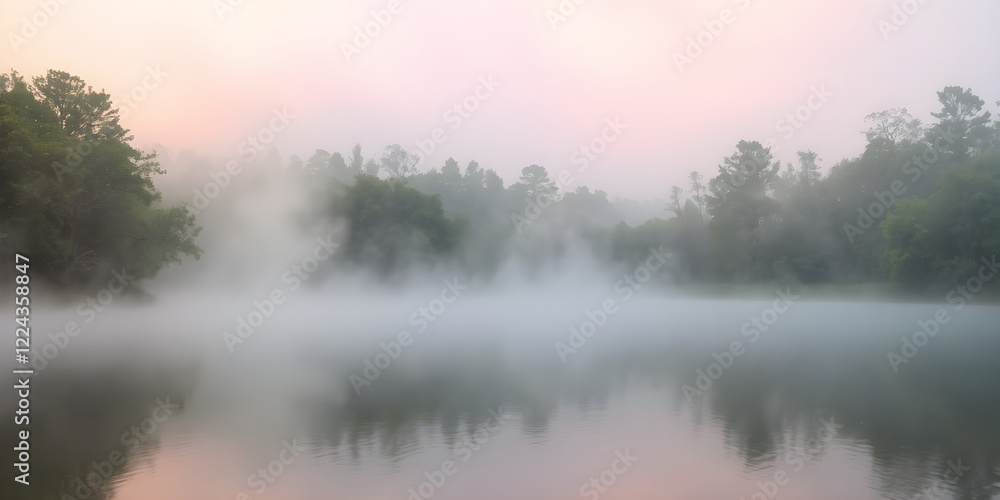 Blurry rainbow-colored mist rising over a tranquil lake surrounded by trees, in vibrant 8K Blurry rainbow-colored mist rising over a tranquil lake surrounded by trees, in vibrant 8K