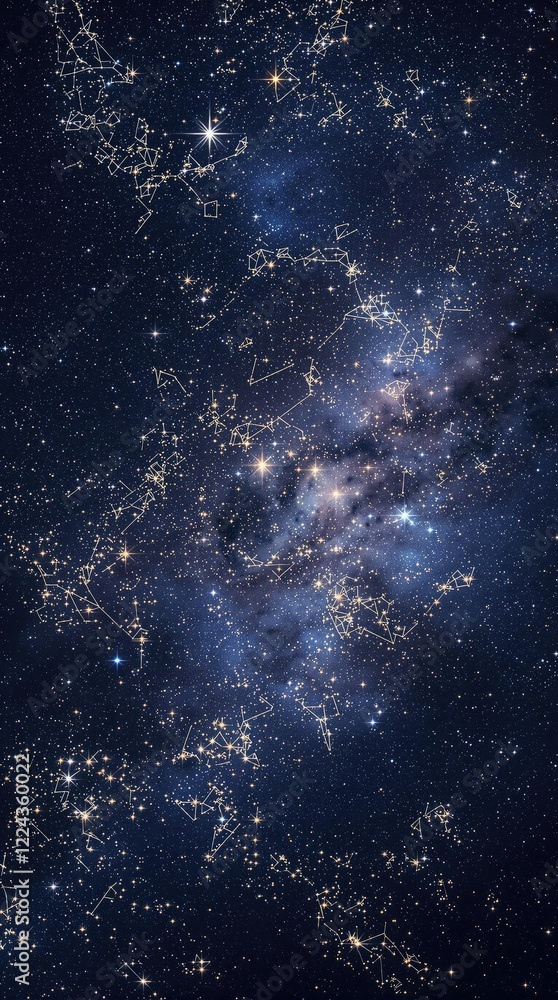 Fototapeta premium Celestial map with glittering stars and constellations, cosmic chart, glittering stars map, stellar geography