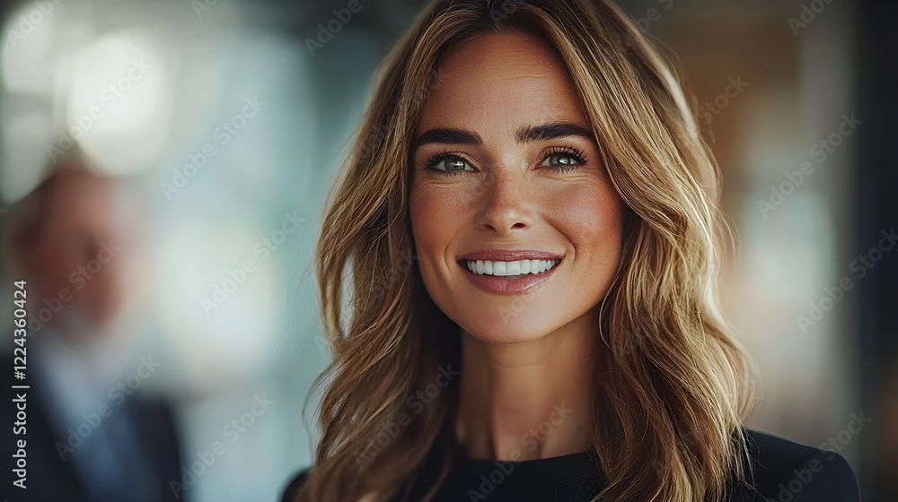 Confident woman smiling in a professional setting Confident woman smiling in a professional setting