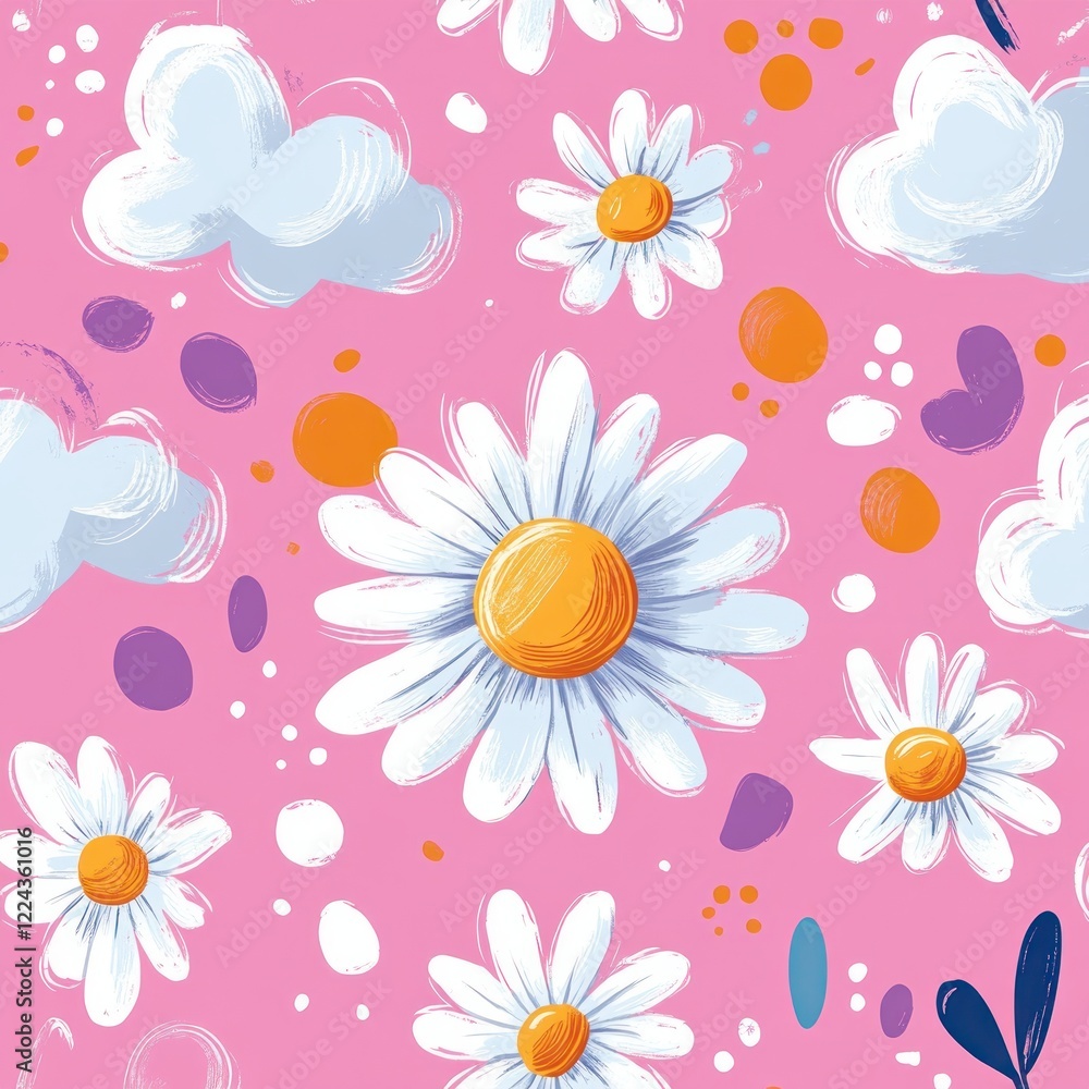 Obraz premium Charming Floral Pattern with Daisies and Clouds on Pink Background