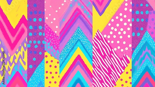 Abstract colorful geometric pattern with chevron, polka dots, and stripes.