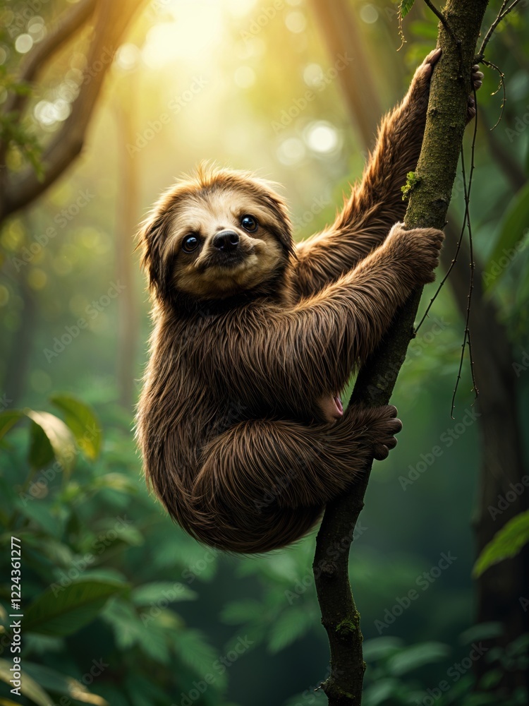 A cute sloth hanging upside down from a moss-covered tree branch in a dense tropical rainforest. A cute sloth hanging upside down from a moss-covered tree branch in a dense tropical rainforest.