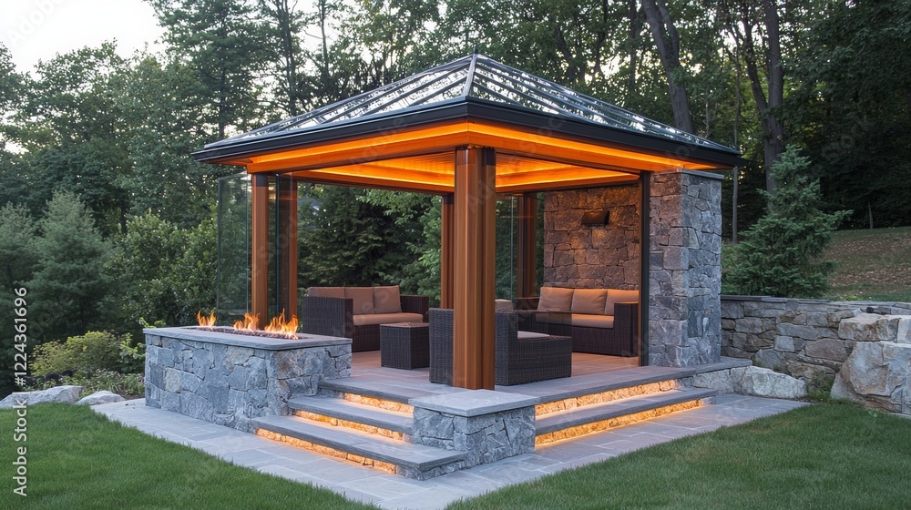 Naklejka premium Modern outdoor pavilion with cozy seating area and ambient lighting in a serene backyard setting