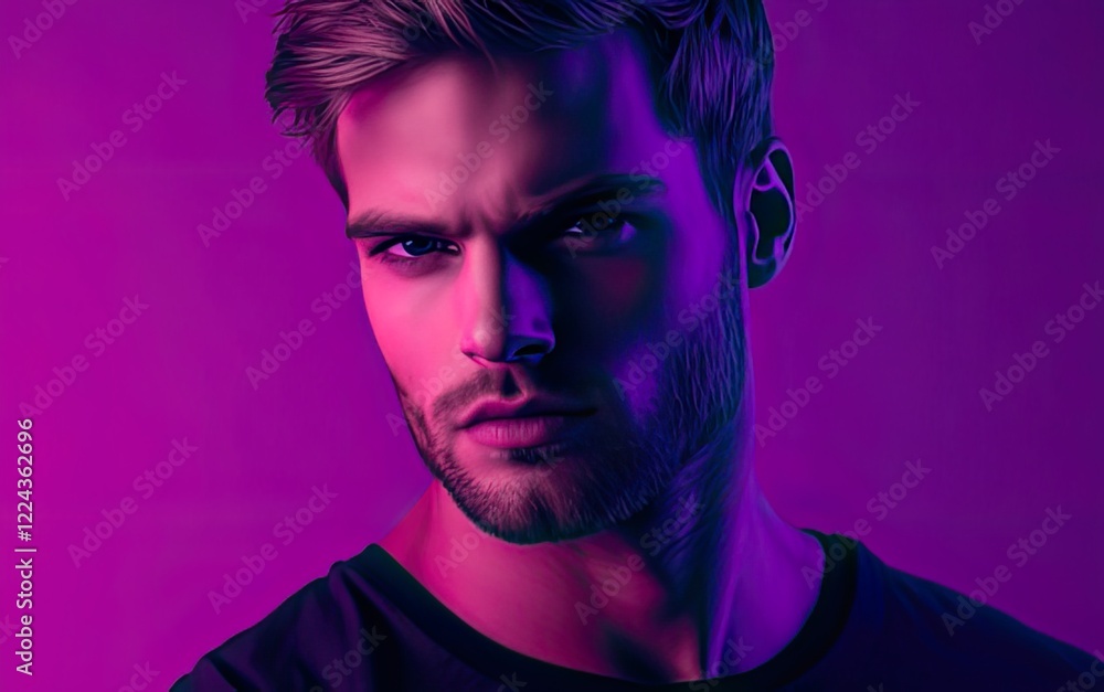 Portrait of a young man with striking features and dramatic lighting in a vibrant purple backdrop Portrait of a young man with striking features and dramatic lighting in a vibrant purple backdrop