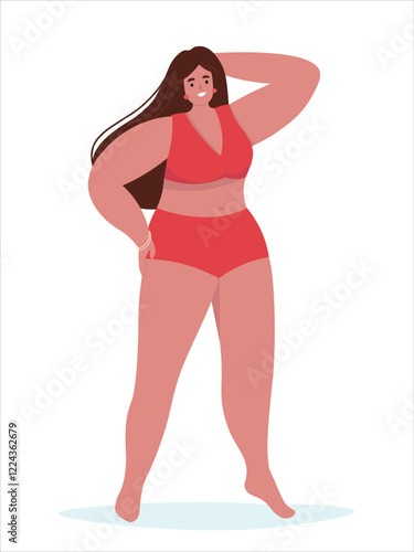 
Full length woman in a plus size swimsuit. Beautiful happy girl on the beach in summer. Vector flat graphics.