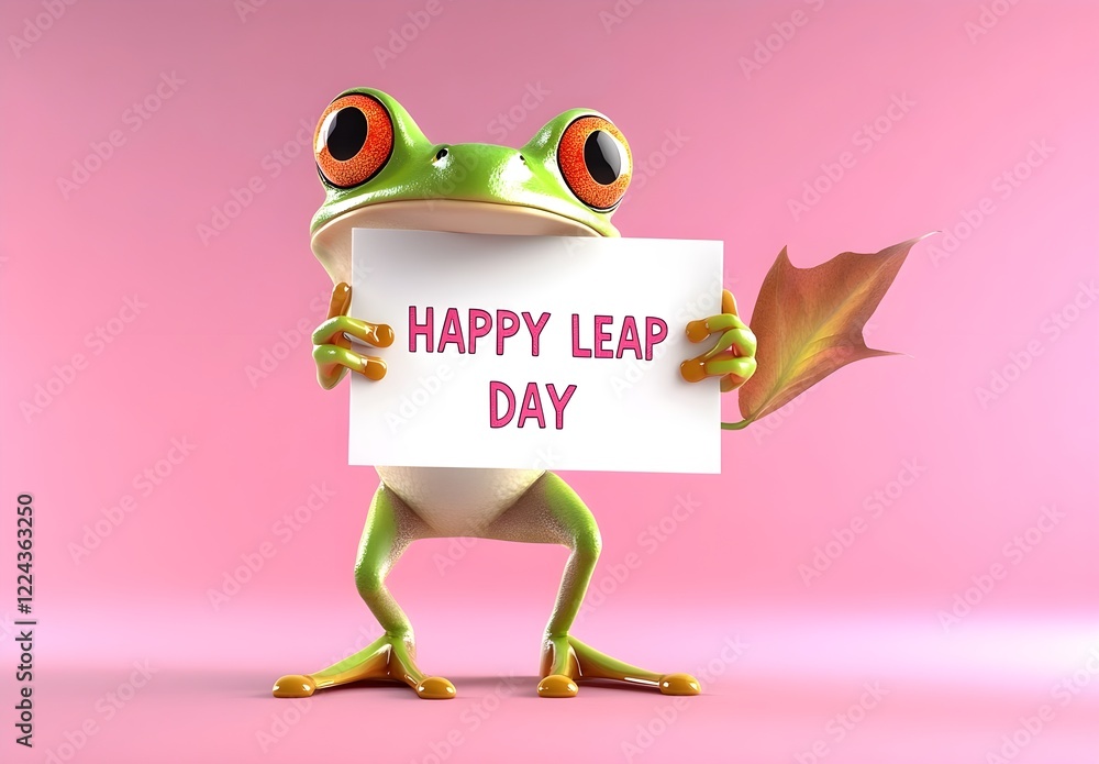 Fototapeta premium Cute Green frog on the pastel background. 29 February leap year day concept.