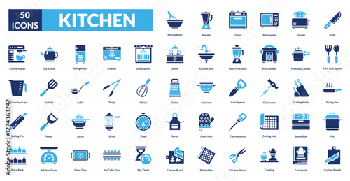 kitchen fill icon set collection. Knife, Fork and Spoon, Frying Pan, Pot, Cutting Board, Mixing Bowl, Blender, Oven, Microwave, Toaster, Coffee Maker
