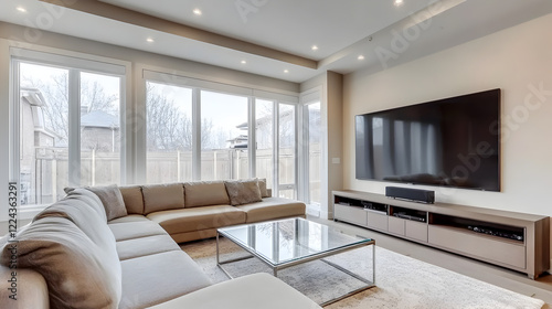 Wallpaper Mural living room featuring a large sectional sofa in a soft neutral color, a glass-top coffee table, and a sleek entertainment unit, with recessed ceiling lights and large windows offering a bright  Torontodigital.ca