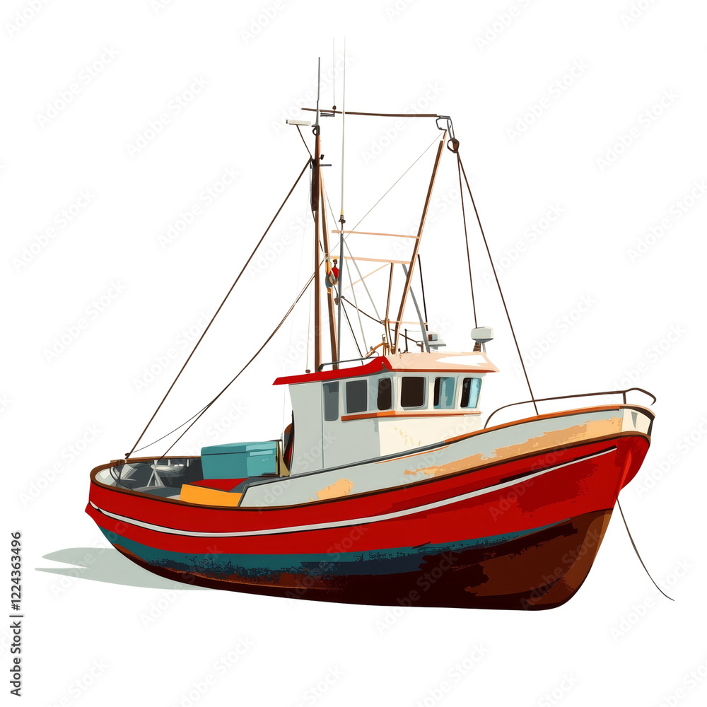 The image shows a small red and white fishing boat moored in calm water. It appears aged but well-maintained. The image shows a small red and white fishing boat moored in calm water. It appears aged but well-maintained.