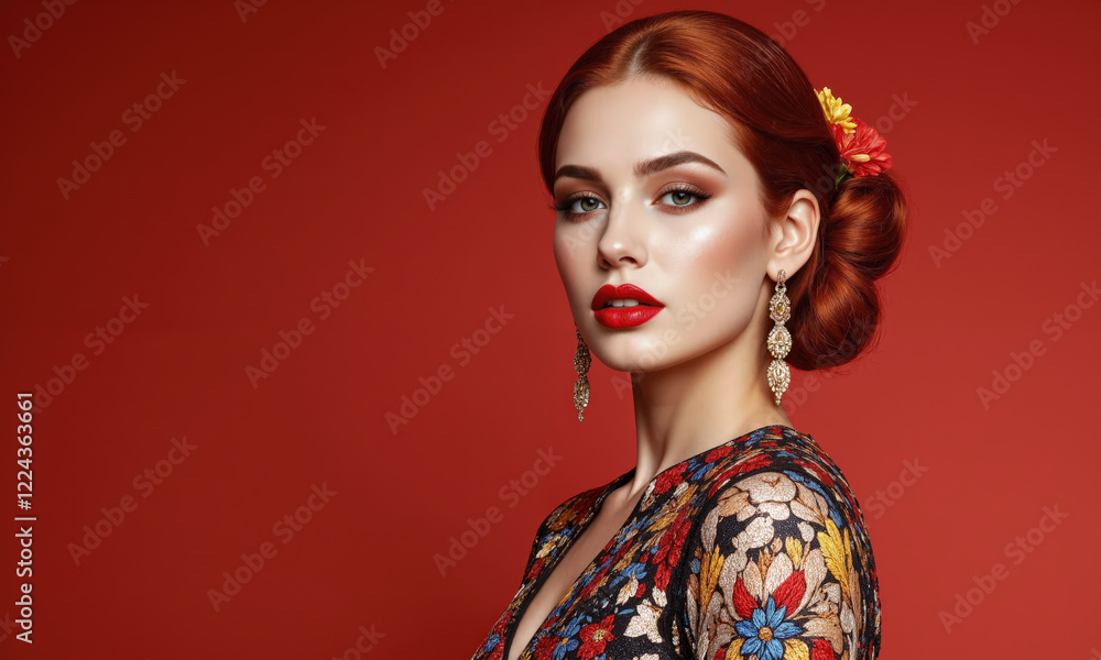 A stunning photorealistic close-up portrait of a confident woman in an avant-garde gown, intricately embroidered with floral patterns. The gown A stunning photorealistic close-up portrait of a confident woman in an avant-garde gown, intricately embroidered with floral patterns. The gown