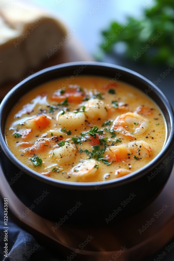 Delicious seafood chowder garnished with fresh parsley in a black bowl Delicious seafood chowder garnished with fresh parsley in a black bowl