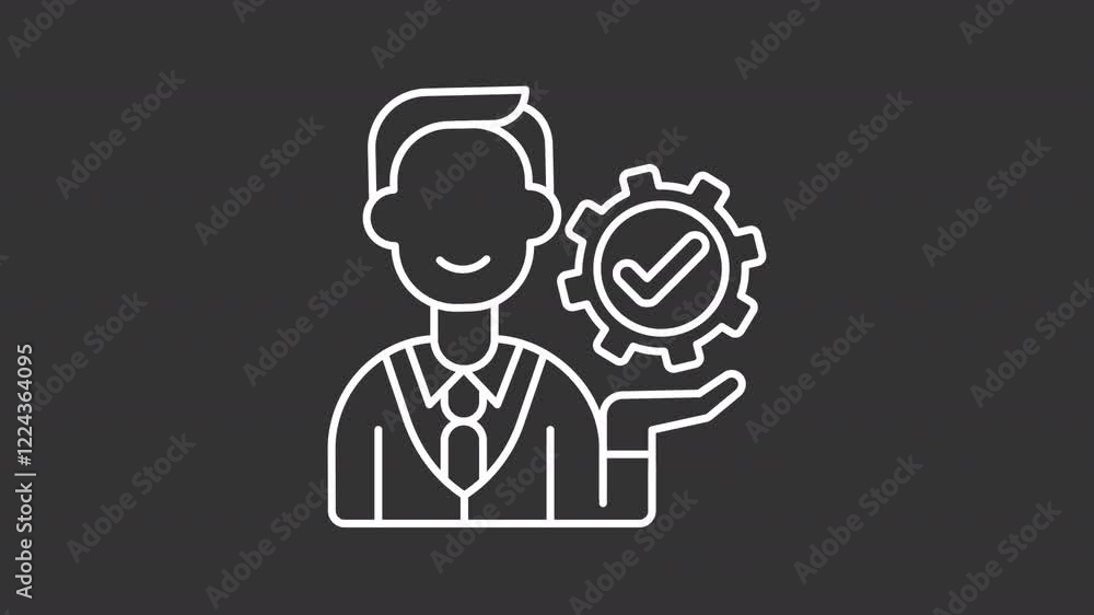 QA department white line animation. Quality assurance animated icon. Rotating gear. Moving hand, head. Isolated illustration on dark background. Transition alpha video. Motion graphic QA department white line animation. Quality assurance animated icon. Rotating gear. Moving hand, head. Isolated illustration on dark background. Transition alpha video. Motion graphic