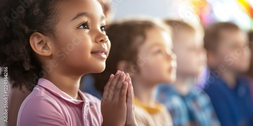 Children Praying Together in a Diverse Classroom Setting